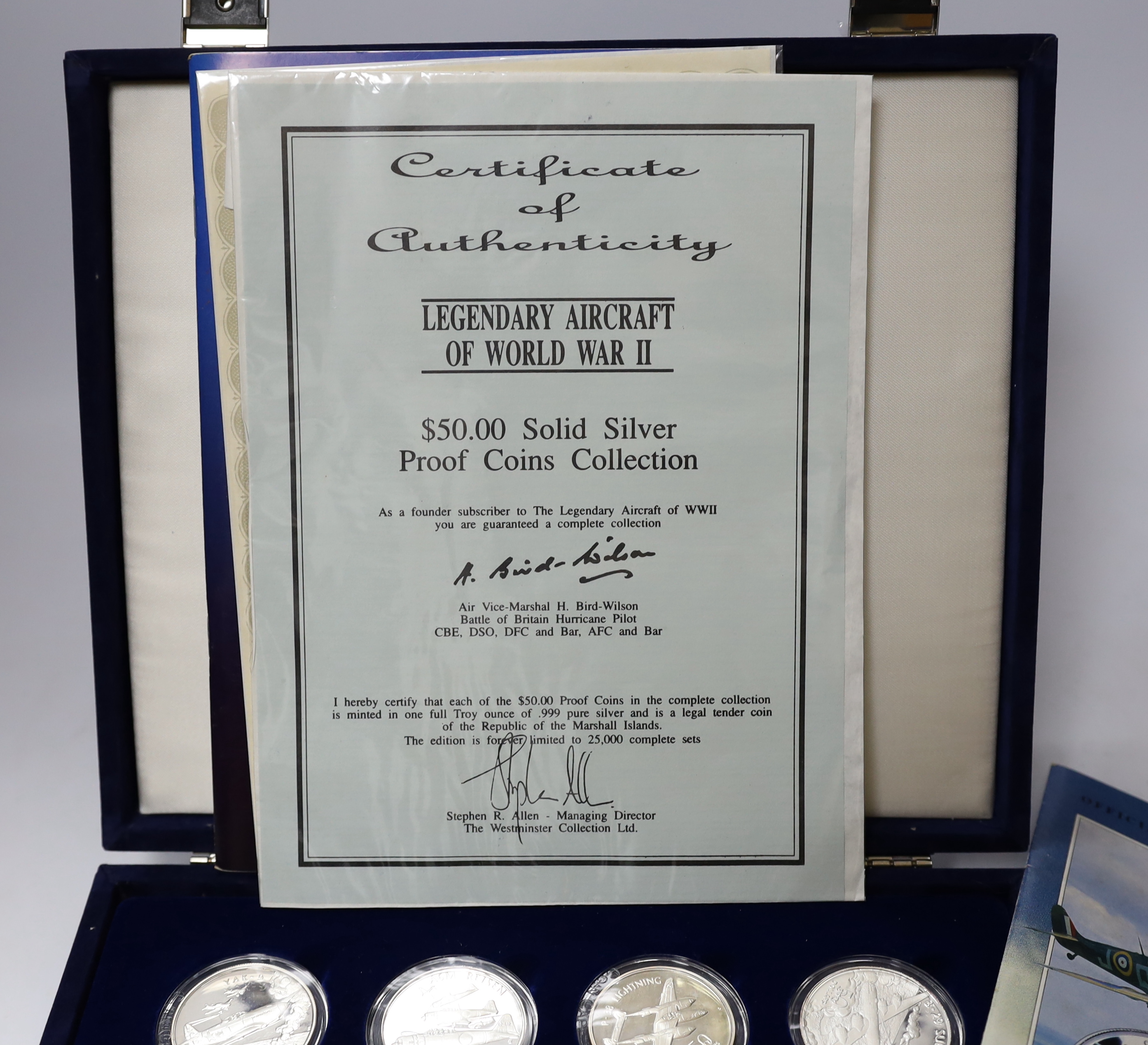 Republic of Marshall Islands, Legendary aircraft of World War II, set of 24 proof silver coins, cased certificate and the Heroes of the North proof silver coin 1993